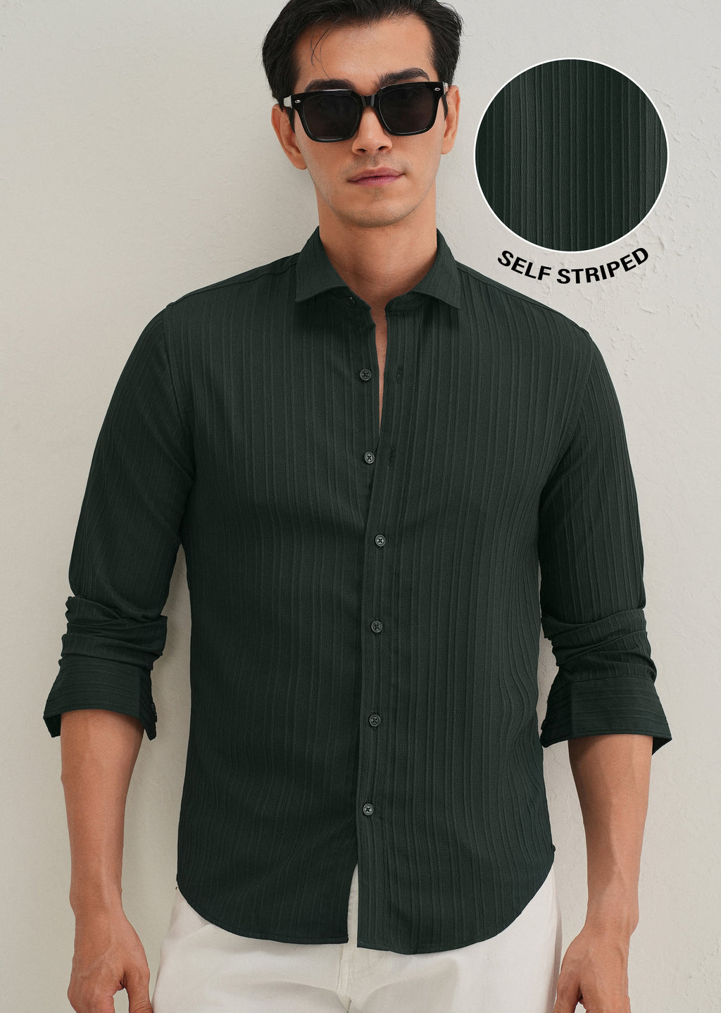 Green Plain Self Striped Shirt