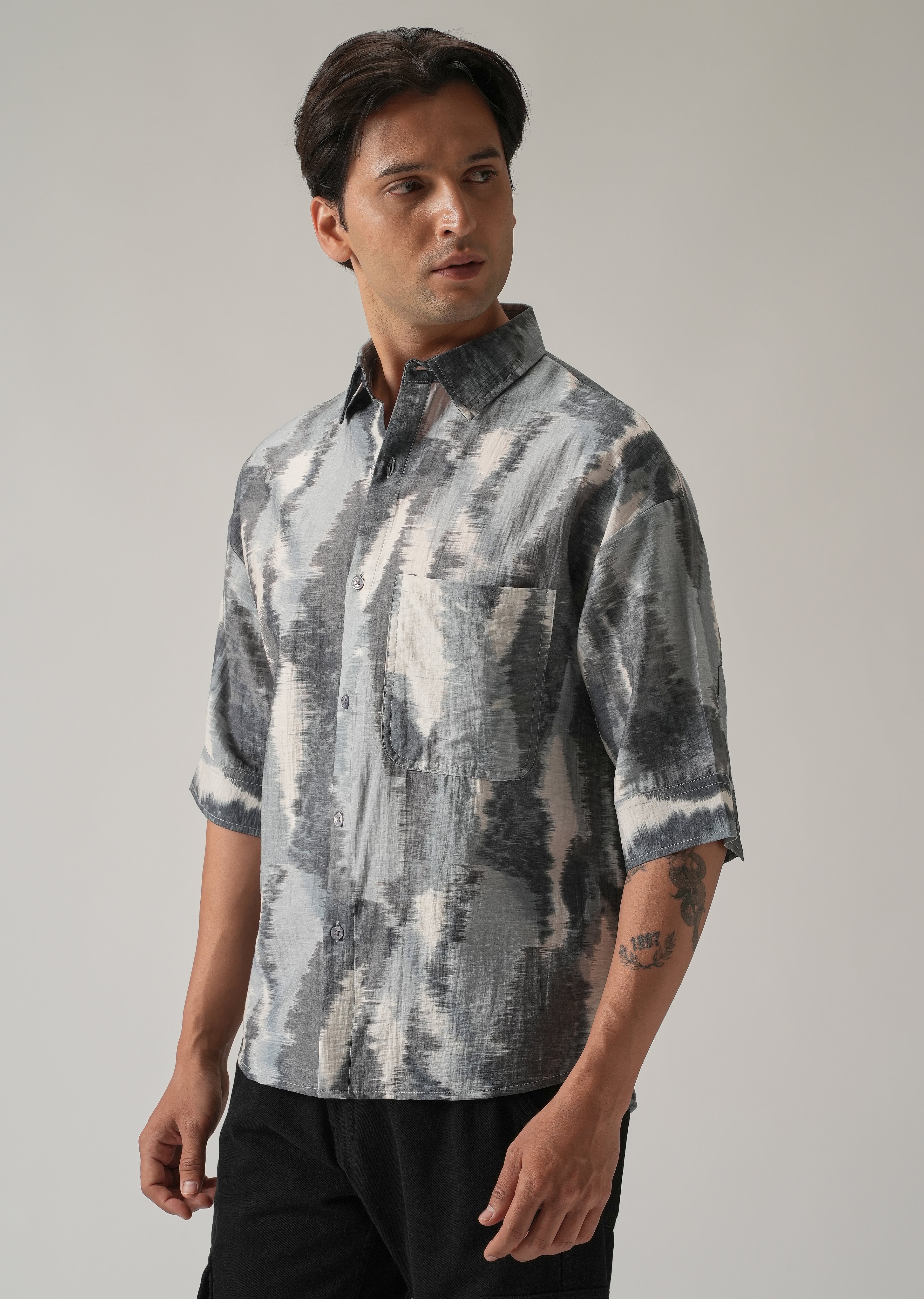 Grey Boxy Fit Abstract Printed Shirt