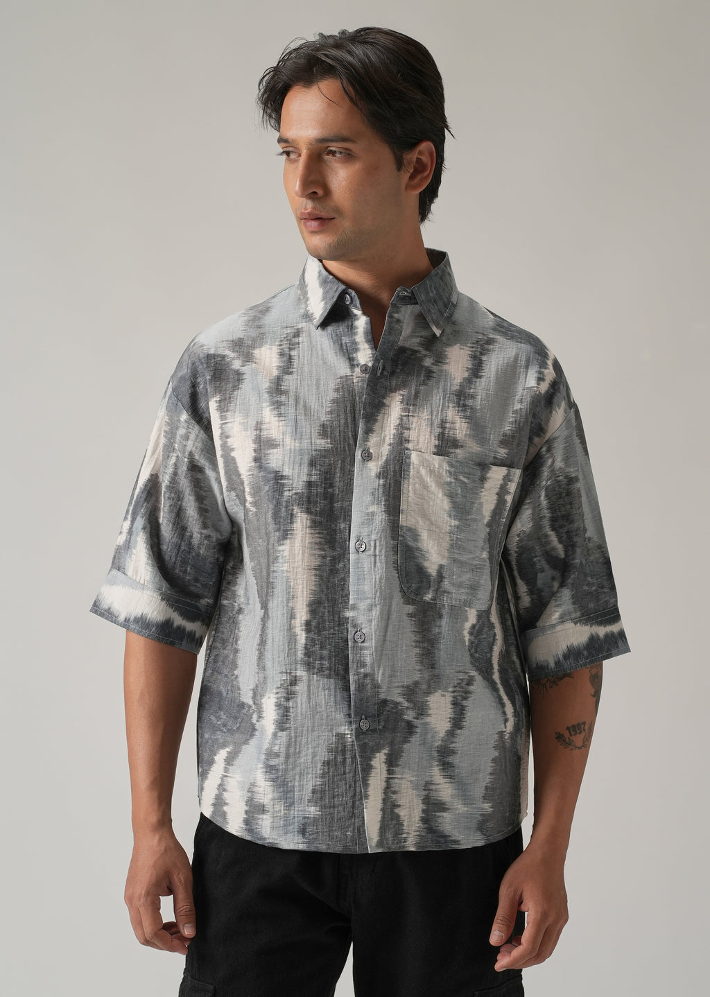 Grey Boxy Fit Abstract Printed Shirt