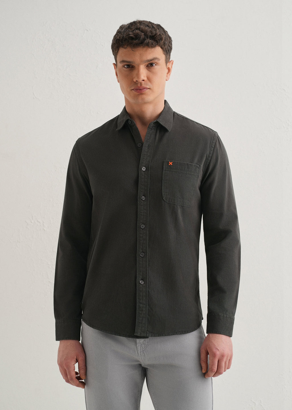 Grey Plain Cotton Single Pocket Shirt