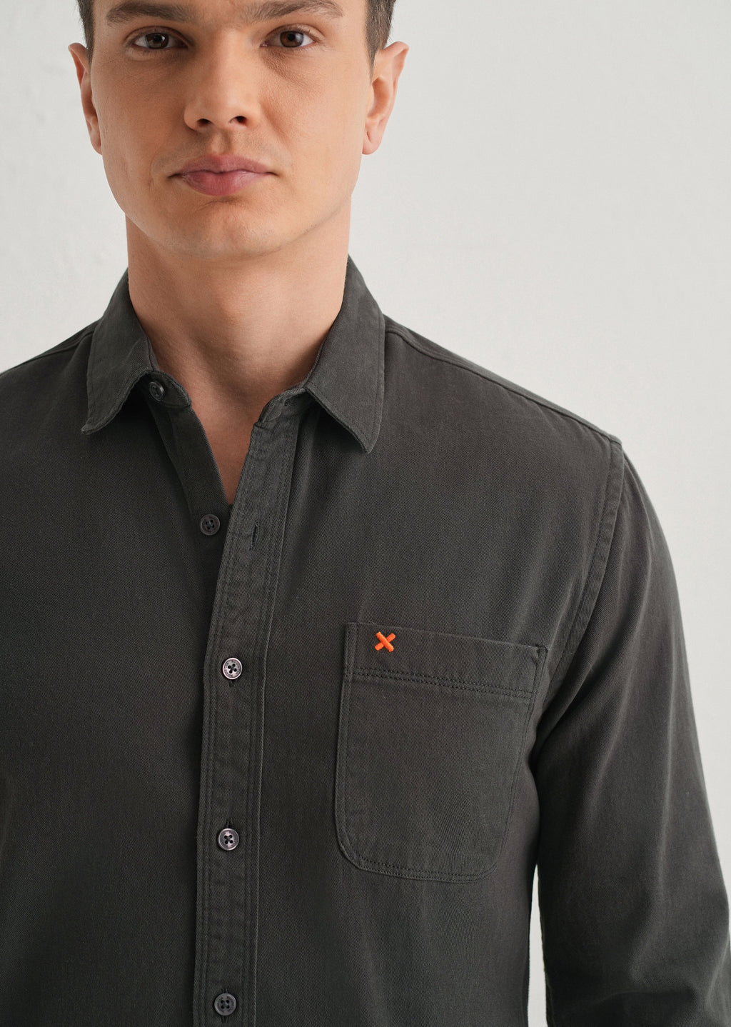 Grey Plain Cotton Single Pocket Shirt