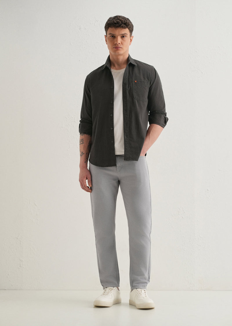 Grey Plain Cotton Single Pocket Shirt