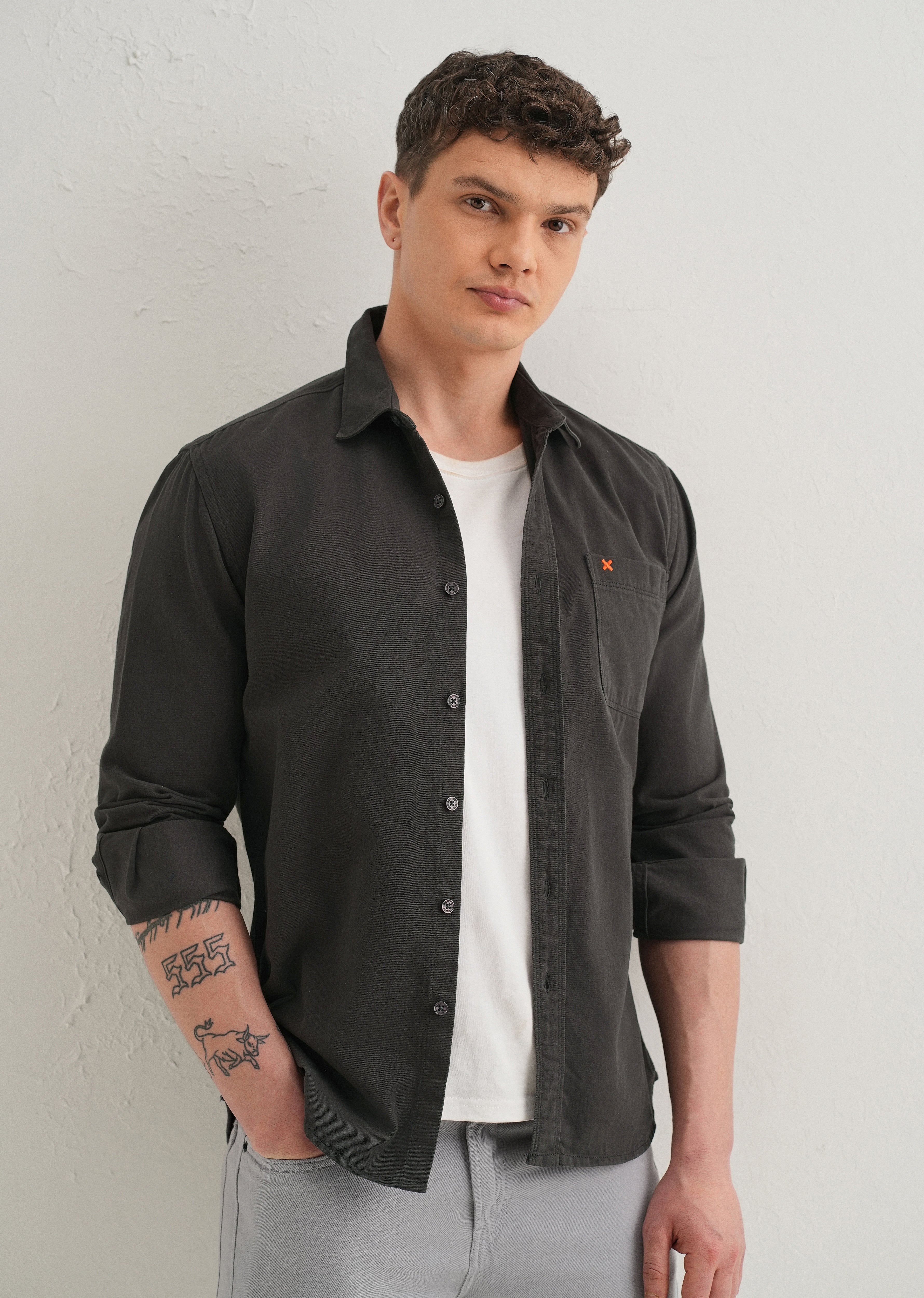 Grey Plain Cotton Single Pocket Shirt