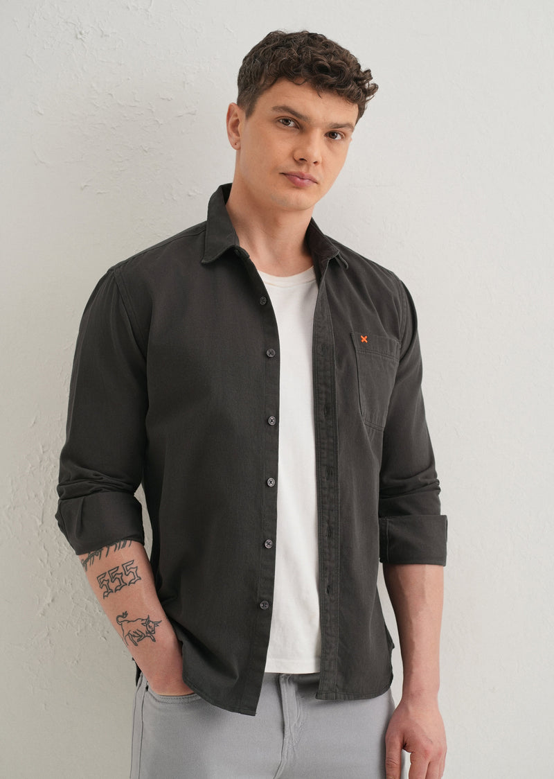 Grey Plain Cotton Single Pocket Shirt