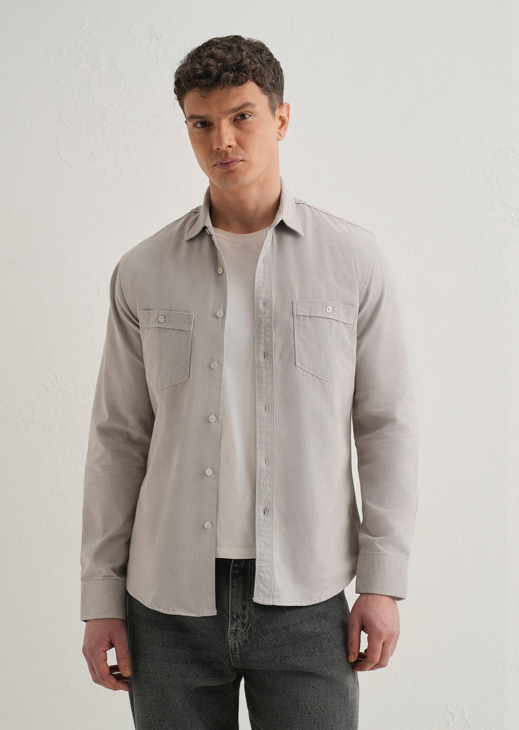 Grey Plain Double Pocket Shirt