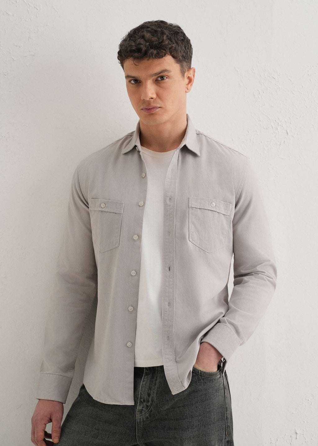 Grey Plain Double Pocket Shirt
