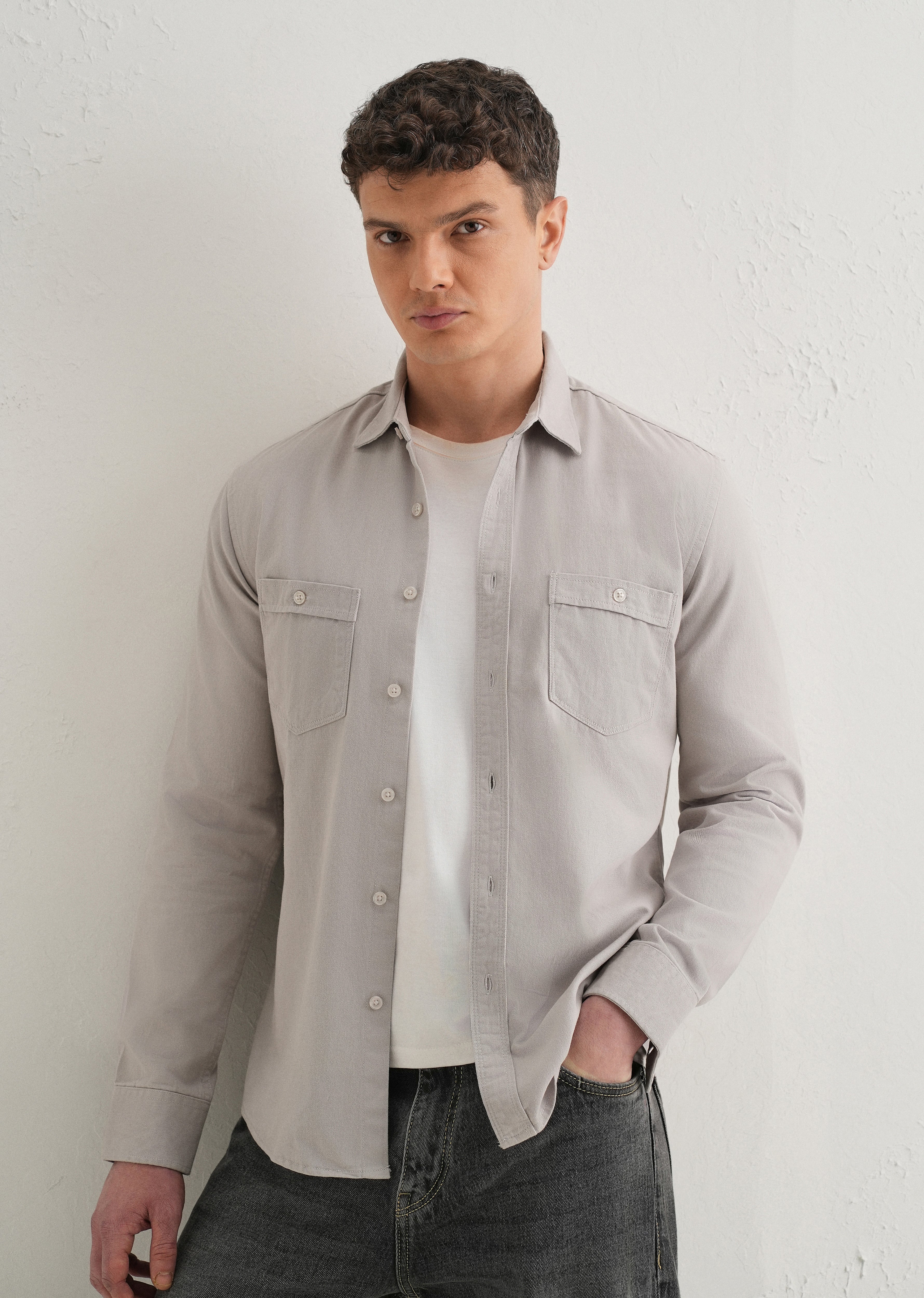 Grey Plain Double Pocket Shirt