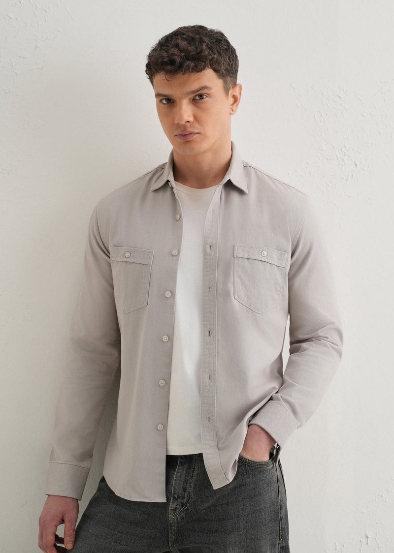 Grey Plain Double Pocket Shirt