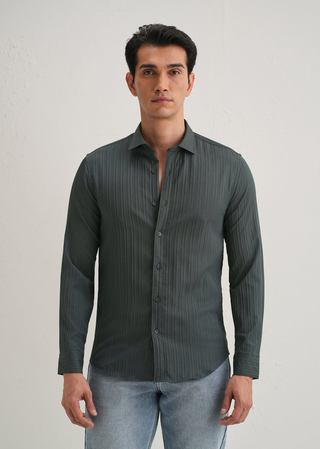 Grey Plain Self Striped Shirt