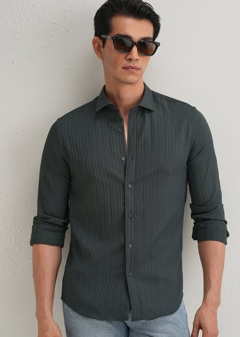 Grey Plain Self Striped Shirt