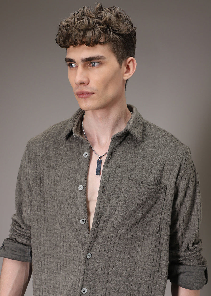 Grey Plain Jacquard Knitted Shirt