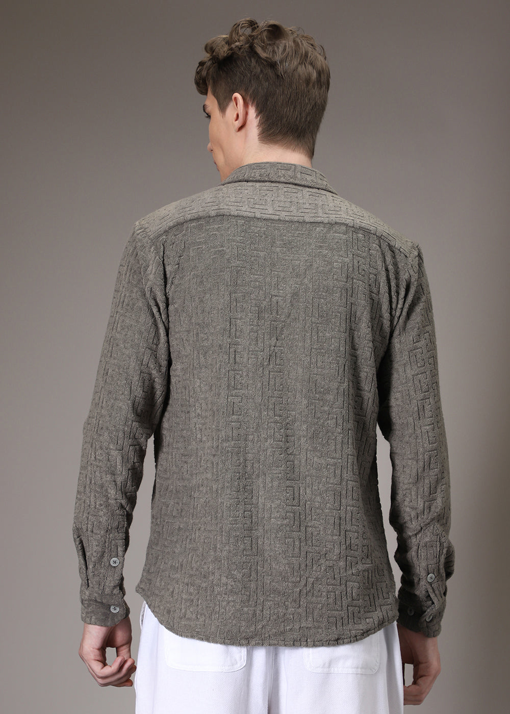 Grey Plain Jacquard Knitted Shirt