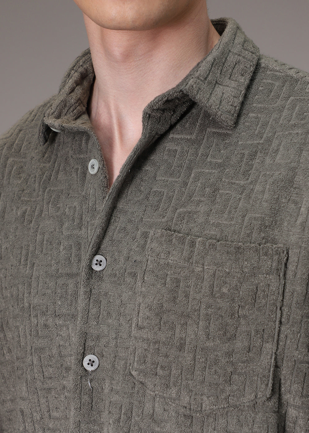 Grey Plain Jacquard Knitted Shirt