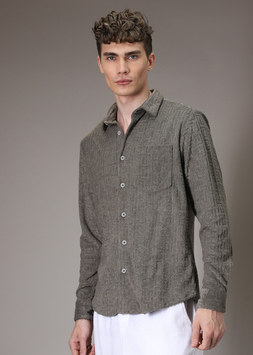 Grey Plain Jacquard Knitted Shirt