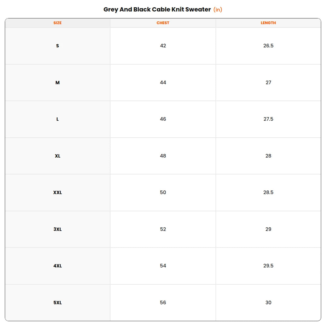 Size chart - Grey And Black Cable Knit Sweater
