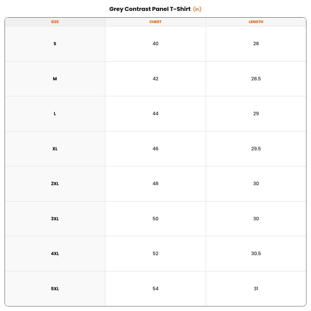 Size chart - Grey Contrast Panel T-Shirt