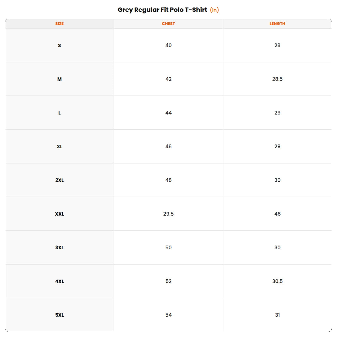 Size chart - Grey Regular Fit Polo T-Shirt