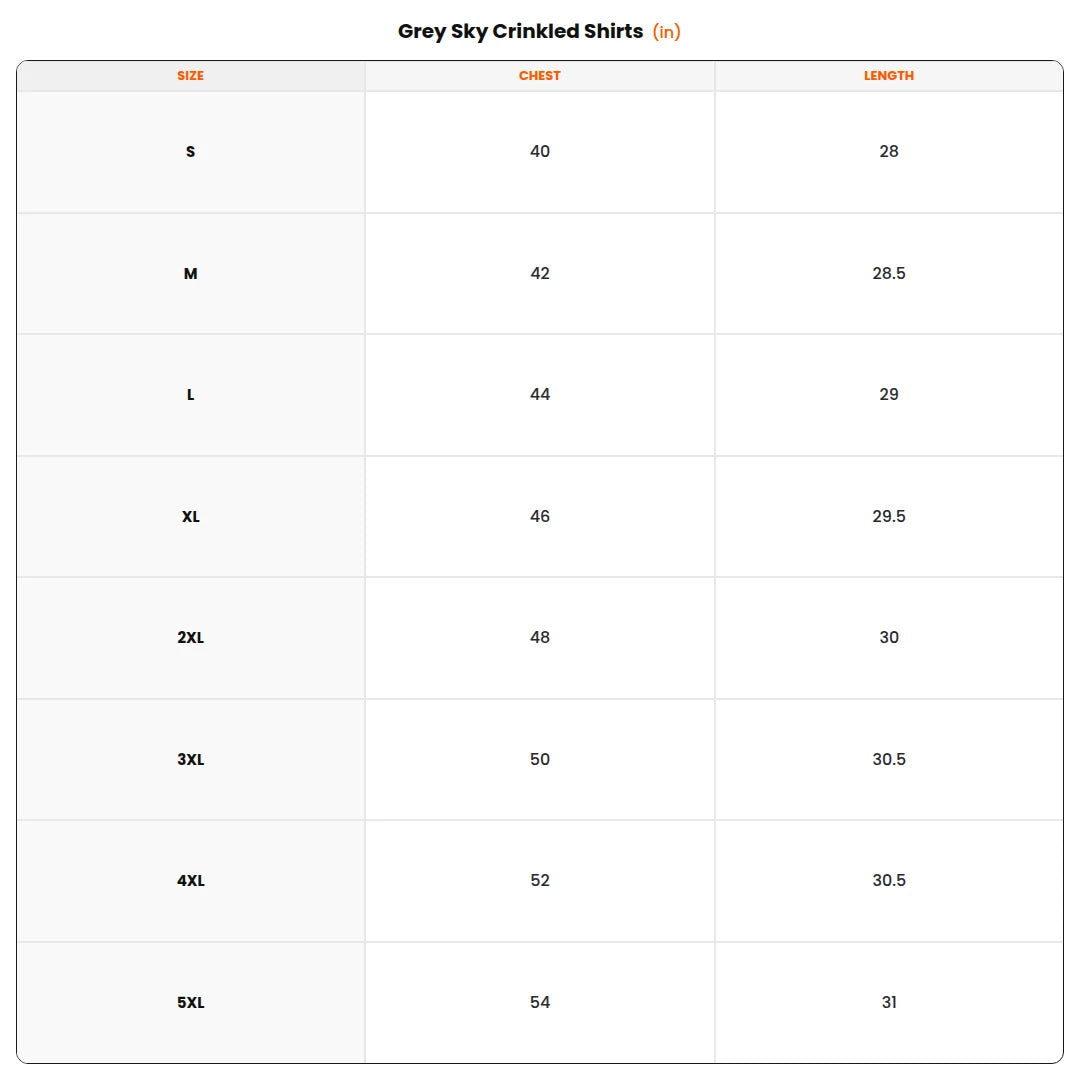 Size chart - Grey Sky Crinkled Shirts