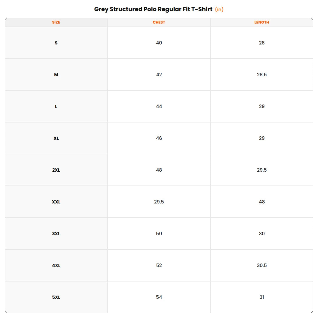 Size chart - Grey Structured Polo Regular Fit T-Shirt