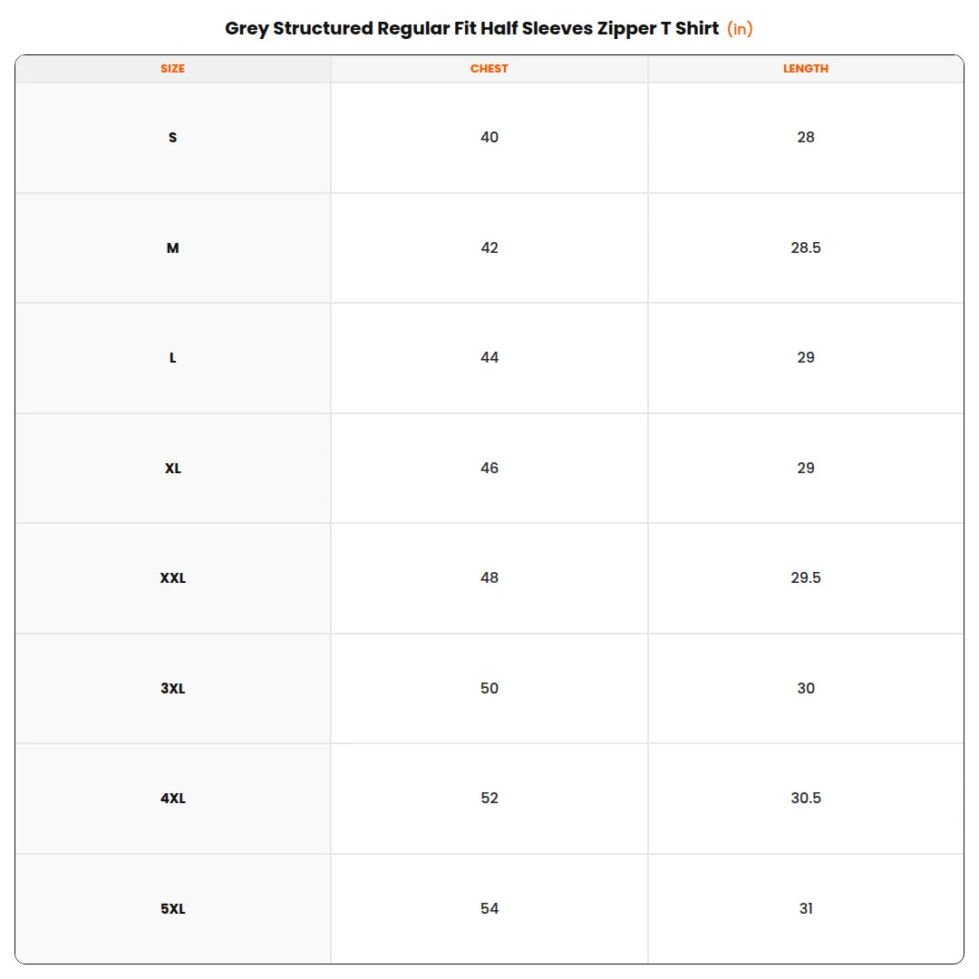 Size chart - Grey Structured Regular Fit Half Sleeves Zipper T Shirt