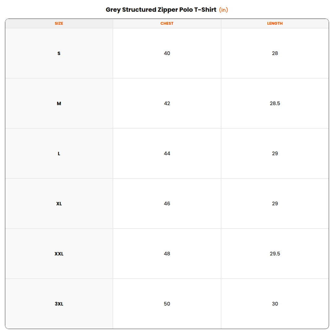 Size chart - Grey Structured Zipper Polo T-Shirt