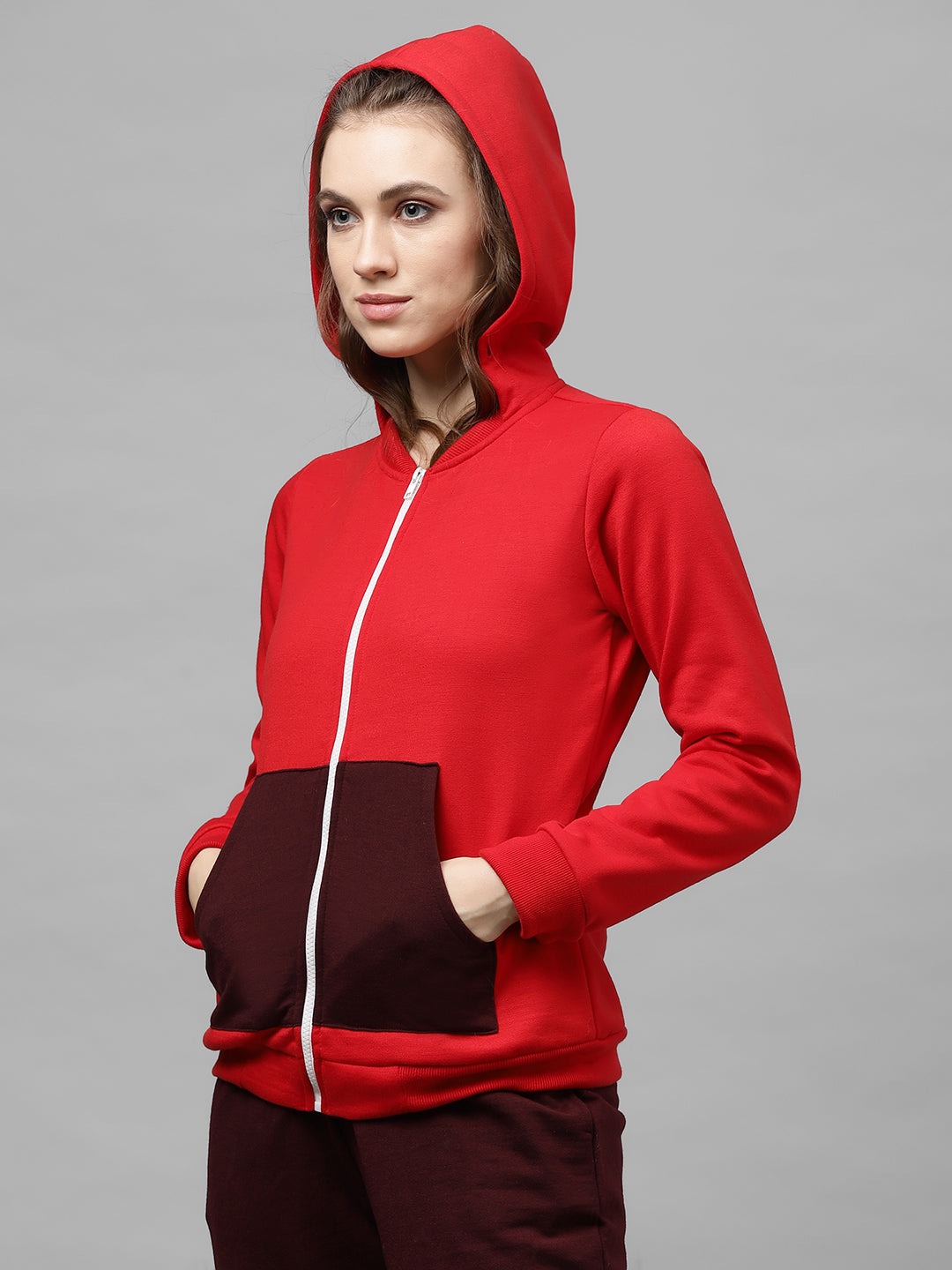 Athena Women Red & Burgundy Solid Hooded Sweatshirt & Colourblocked Joggers