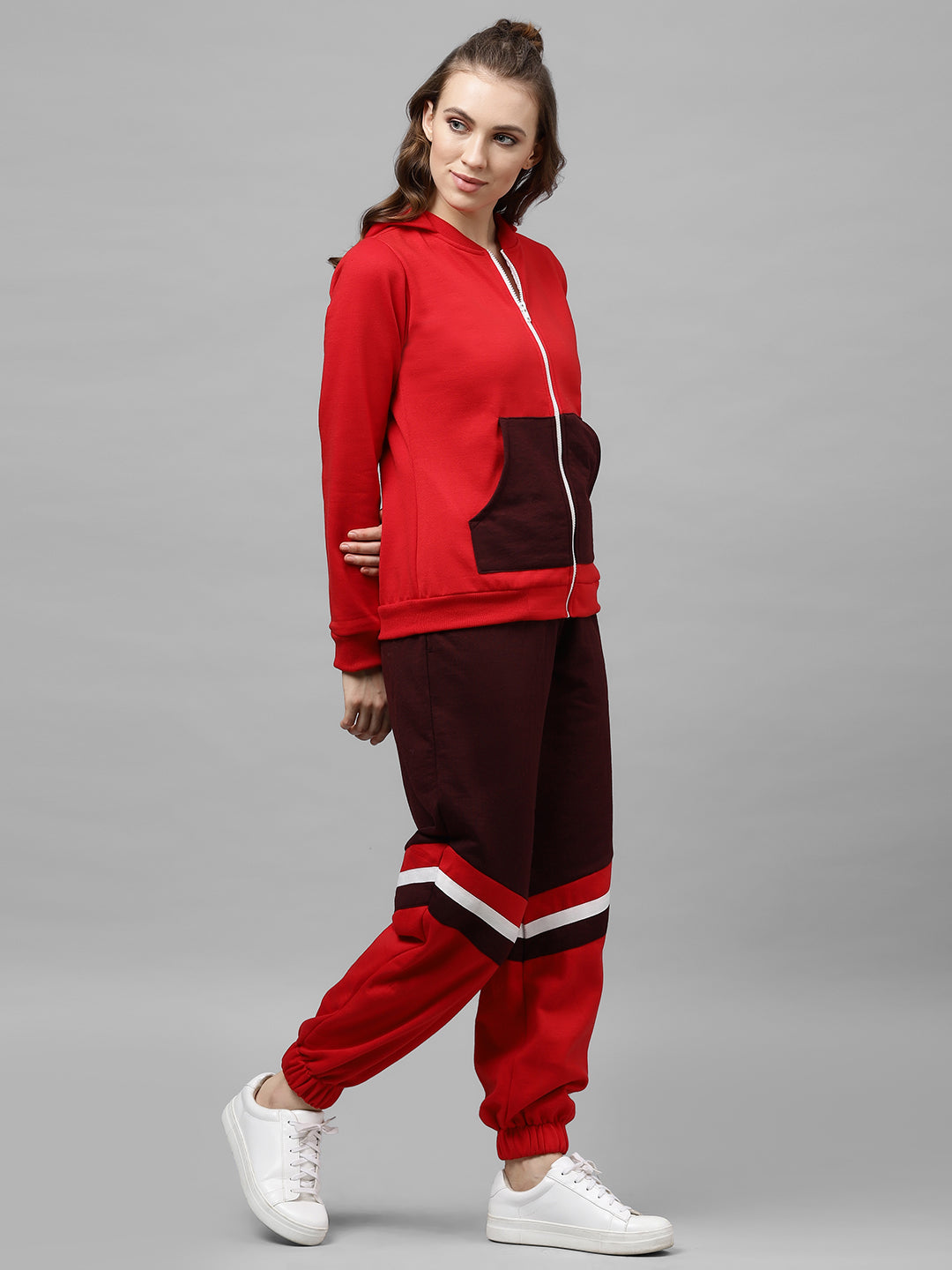 Athena Women Red & Burgundy Solid Hooded Sweatshirt & Colourblocked Joggers