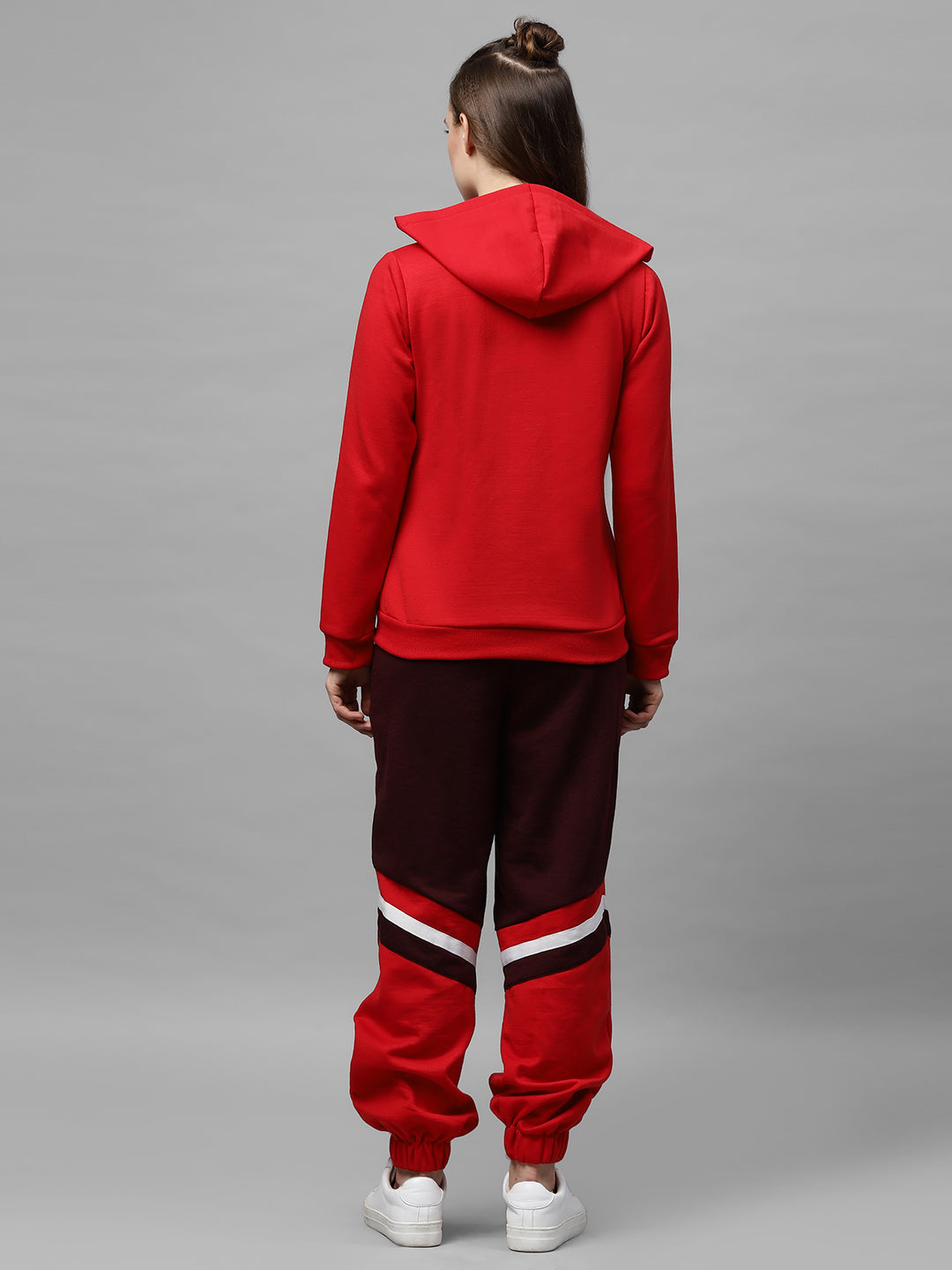 Athena Women Red & Burgundy Solid Hooded Sweatshirt & Colourblocked Joggers