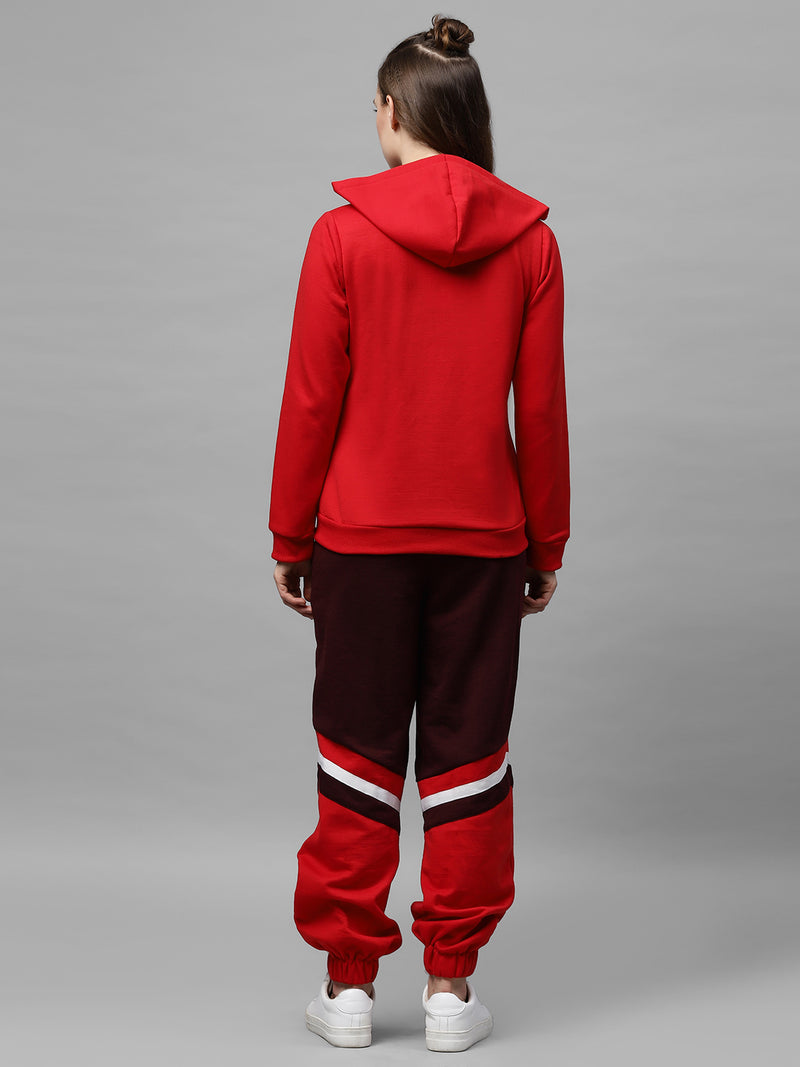 Athena Women Red & Burgundy Solid Hooded Sweatshirt & Colourblocked Joggers