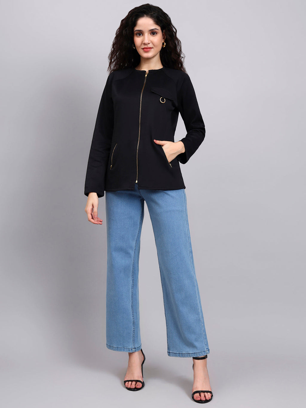 Women Black Utility Zip-Up Jacket