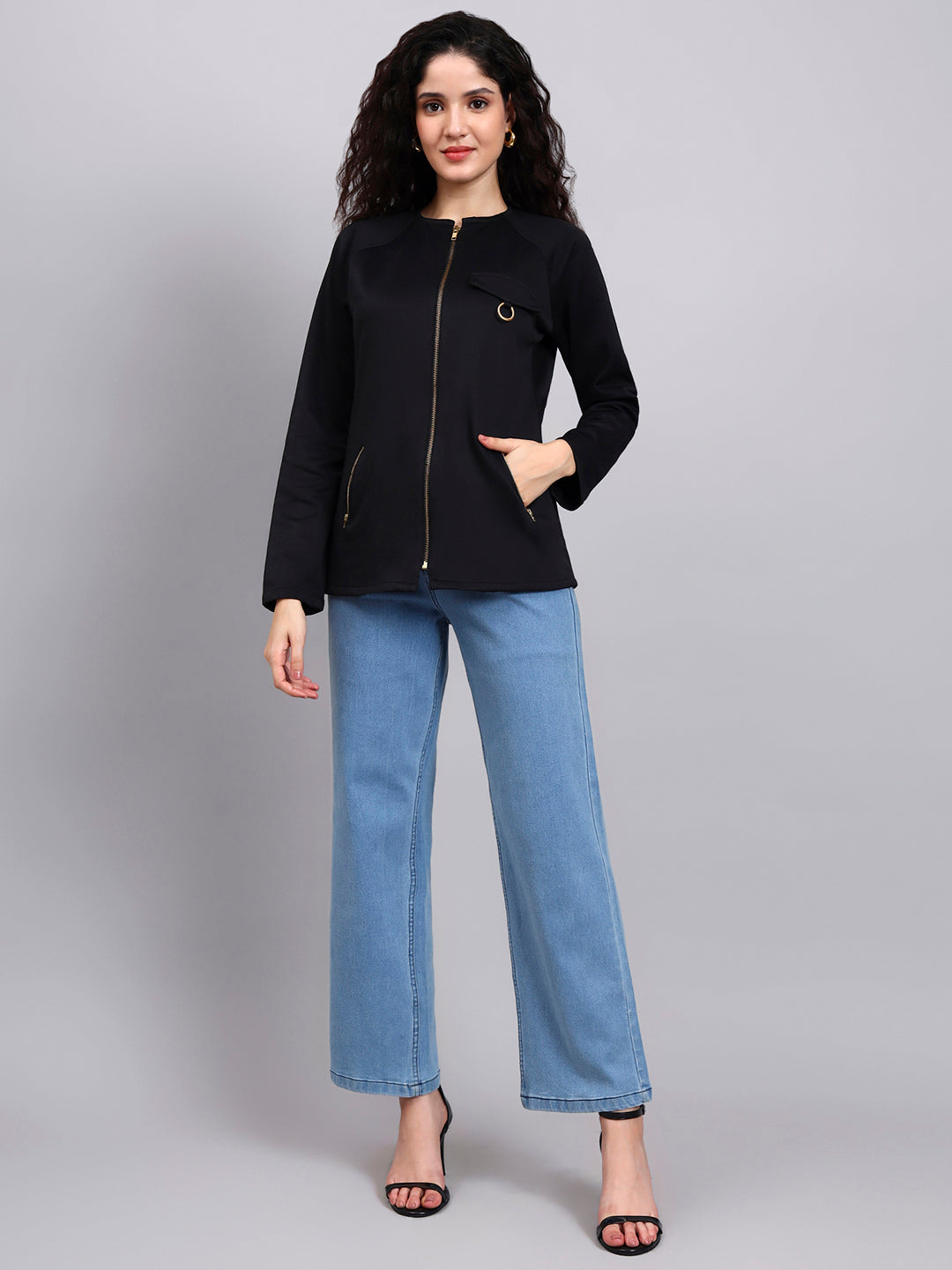 Women Black Utility Zip-Up Jacket