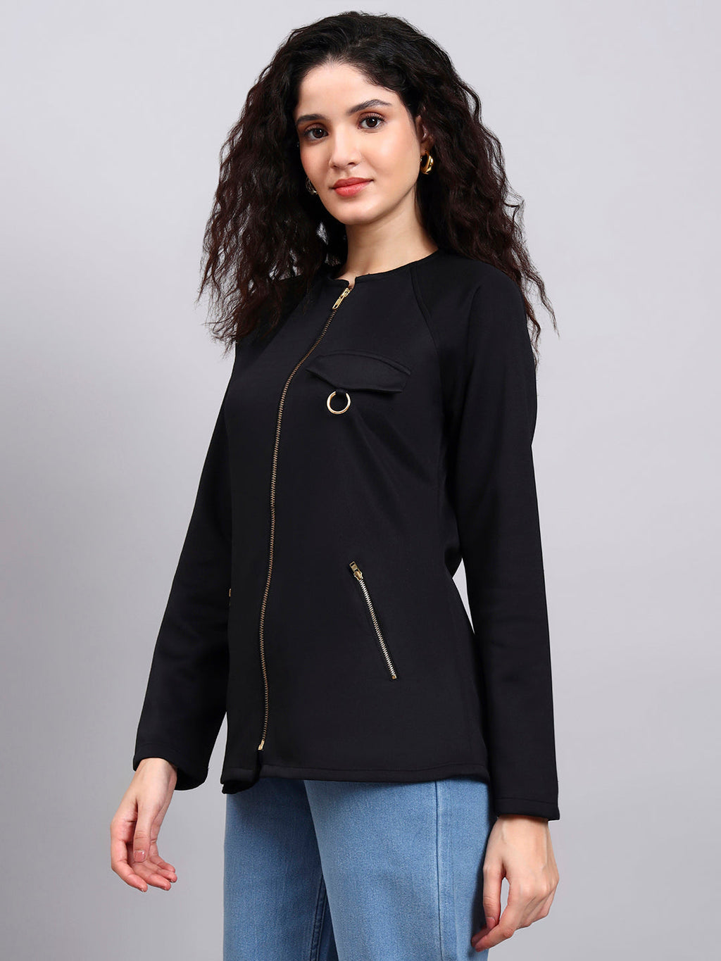 Women Black Utility Zip-Up Jacket