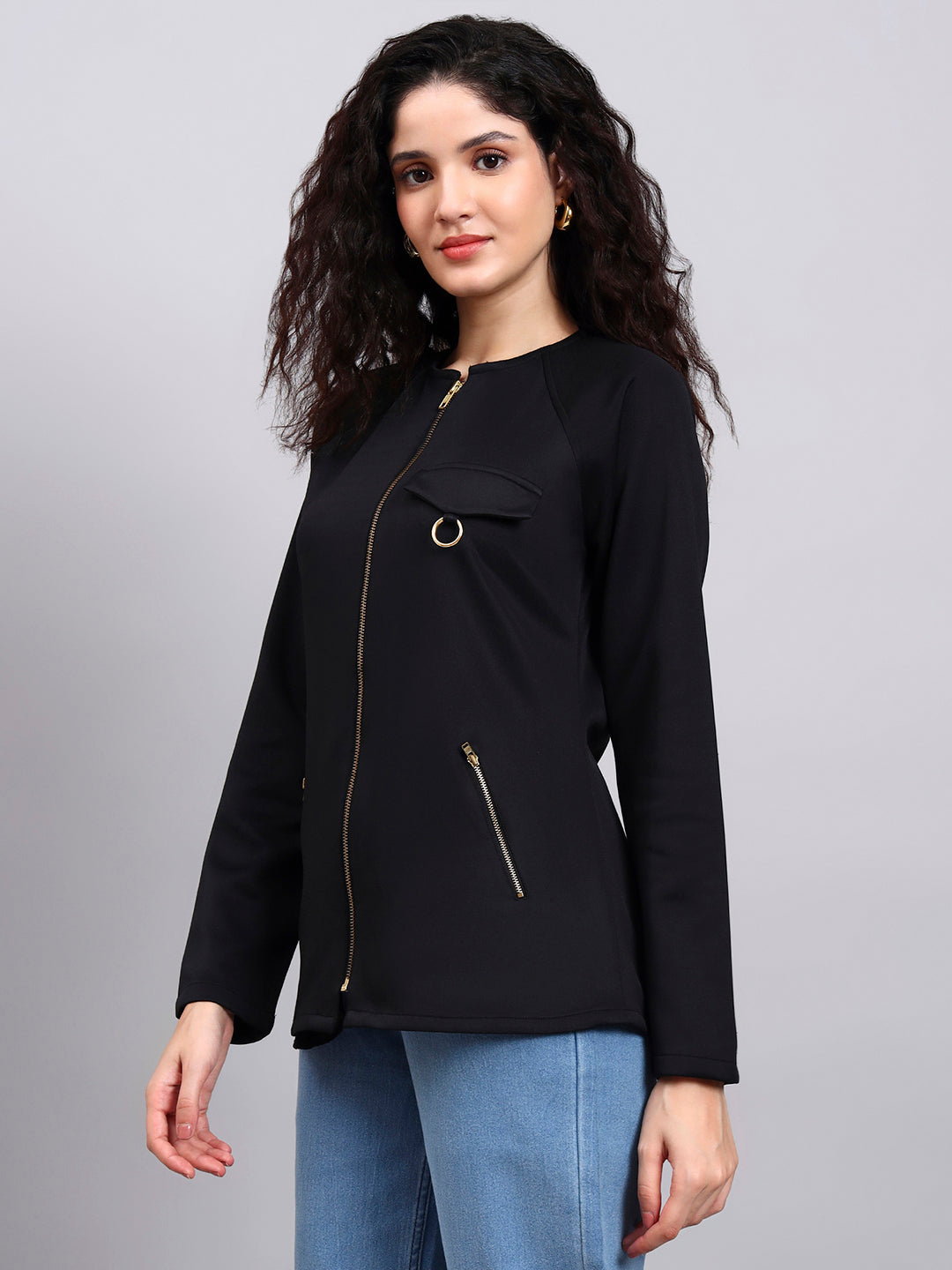Women Black Utility Zip-Up Jacket