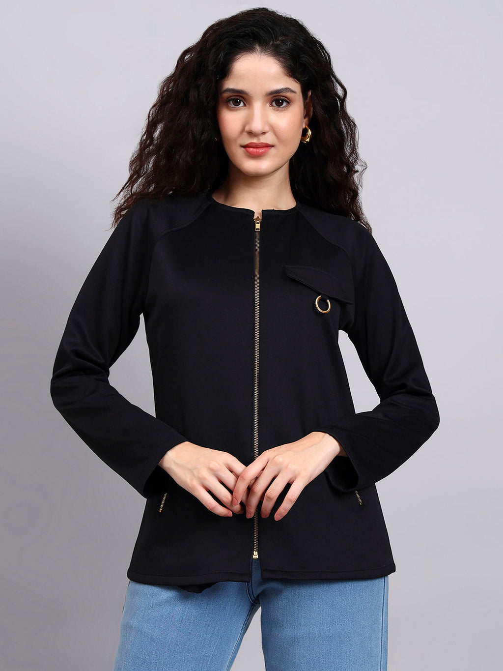Women Black Utility Zip-Up Jacket