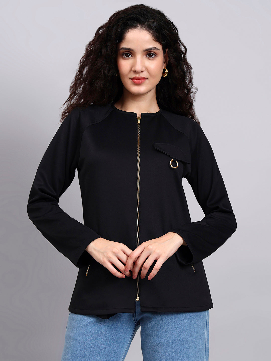 Women Black Utility Zip-Up Jacket