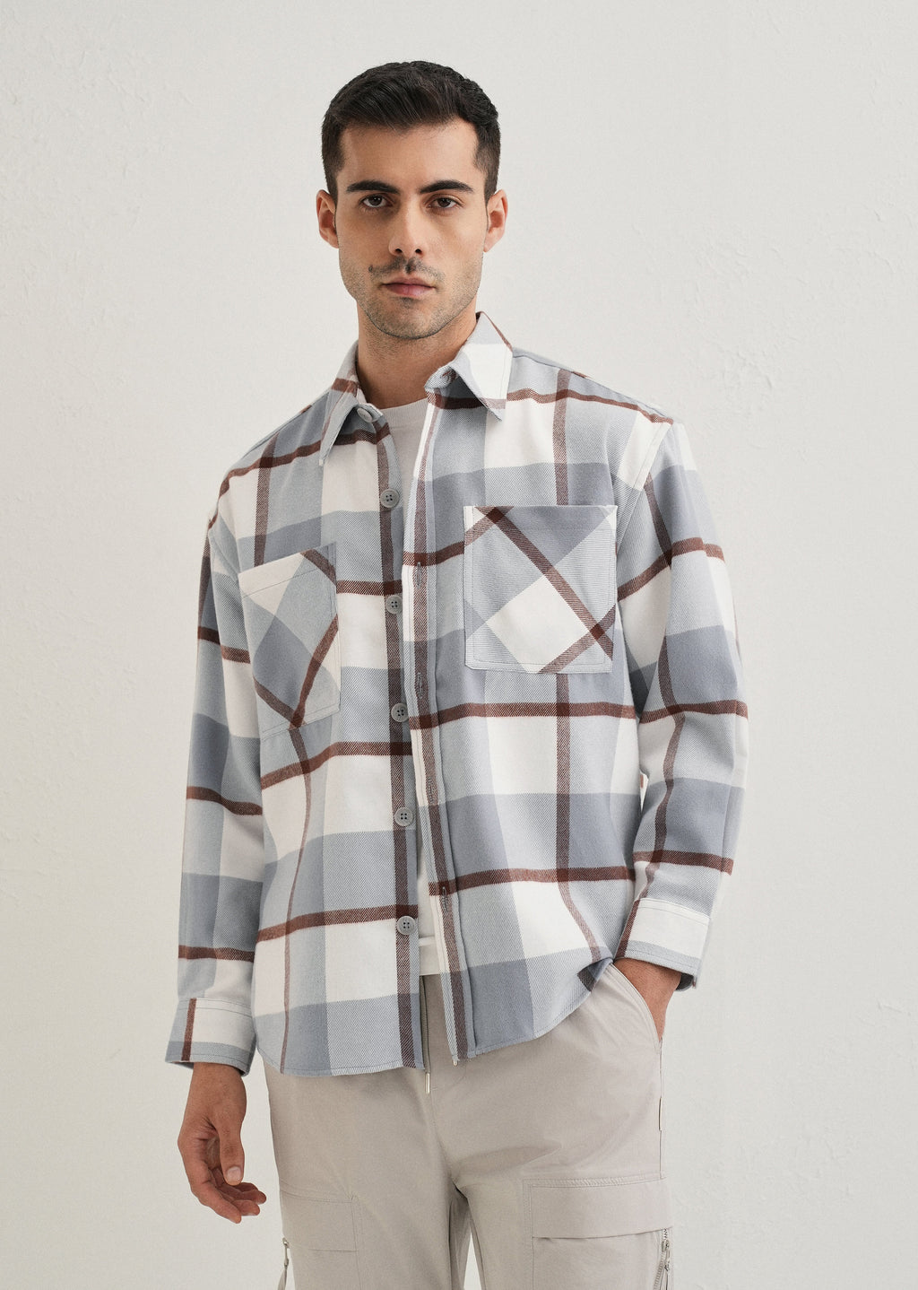 Light Blue Checked Relaxed Fit Shacket
