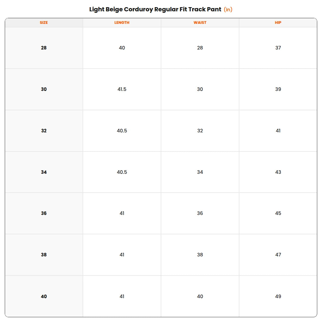 Size chart - Light Beige Corduroy Regular Fit Track Pant