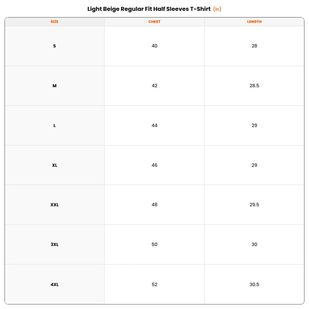 Size chart - Light Beige Regular Fit Half Sleeves T-Shirt