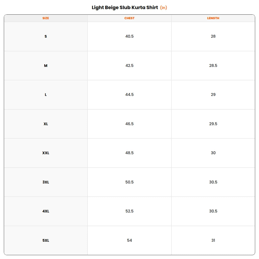 Size chart - Light Beige Slub Kurta Shirt