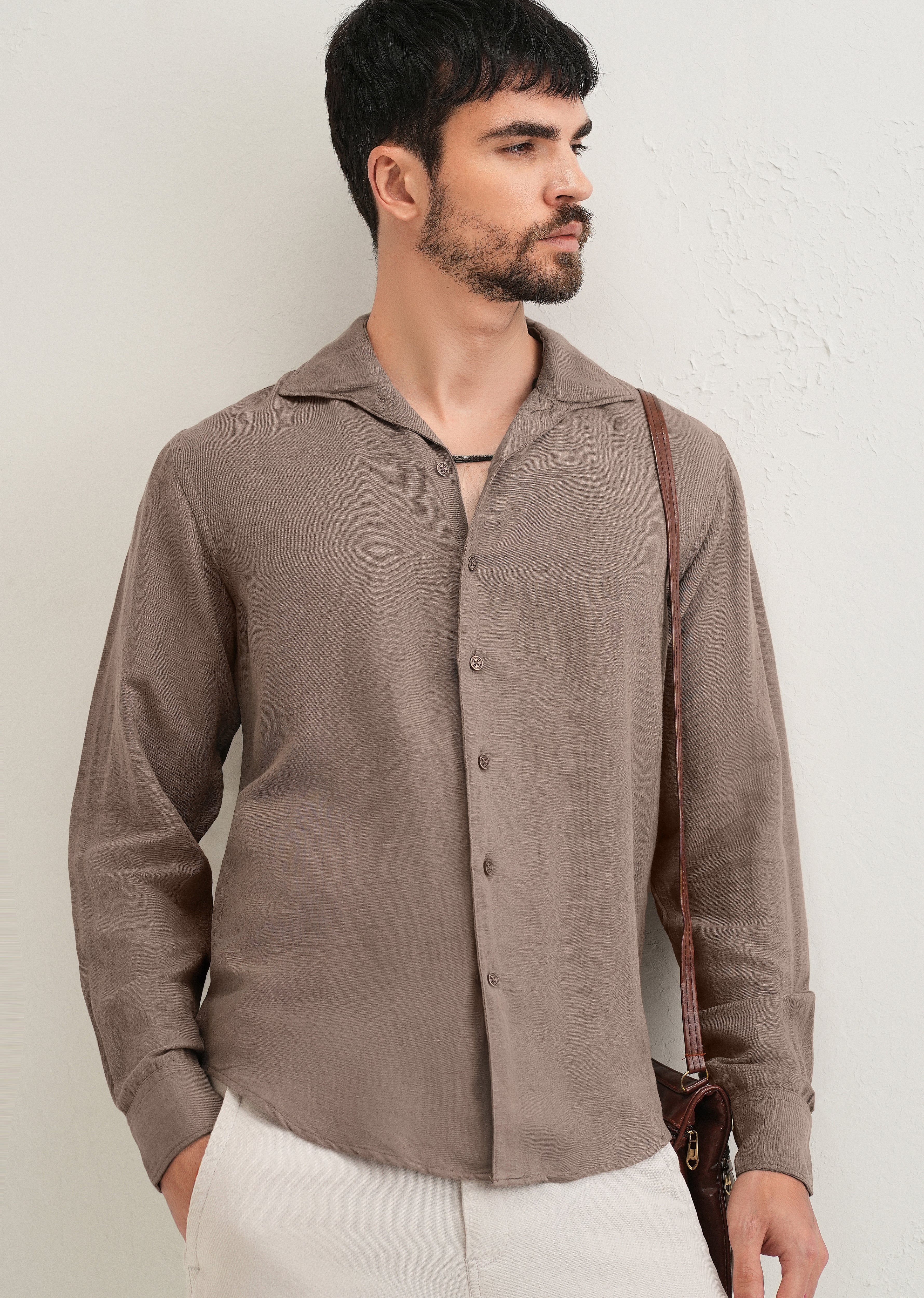 Light Brown Plain Linen Viscose Shirt