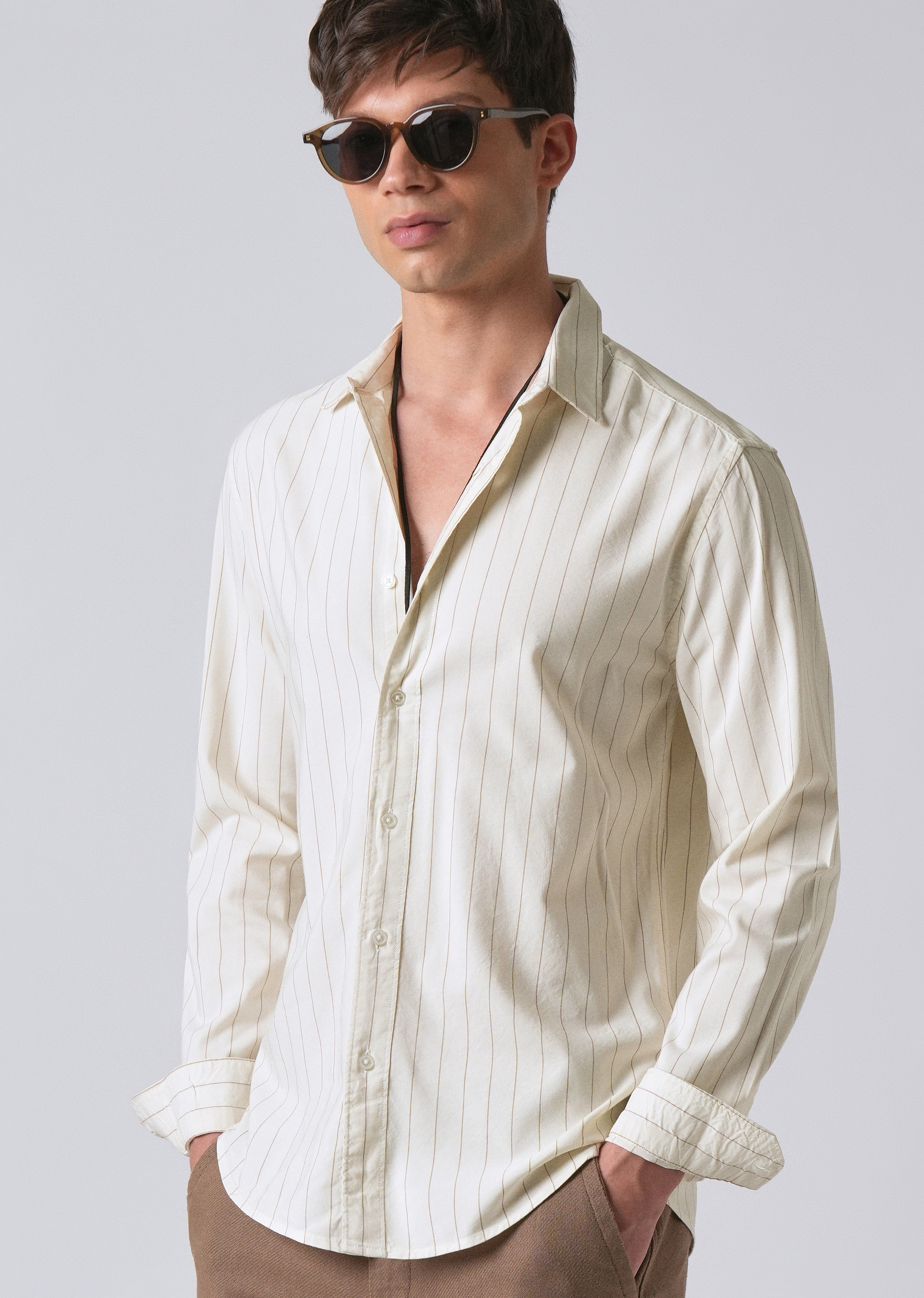 Light Cream Collar Embroidery Stripe Shirt
