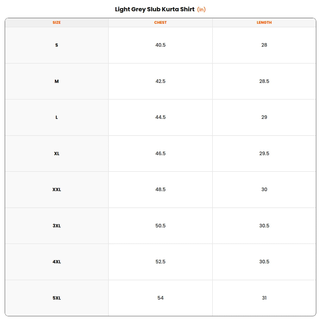 Size chart - Light Grey Slub Kurta Shirt