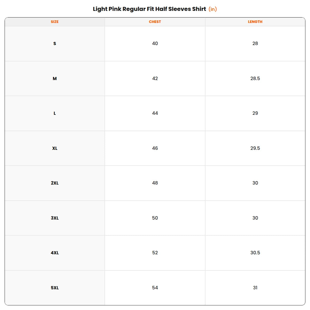 Size chart - Light Pink Regular Fit Half Sleeves Shirt