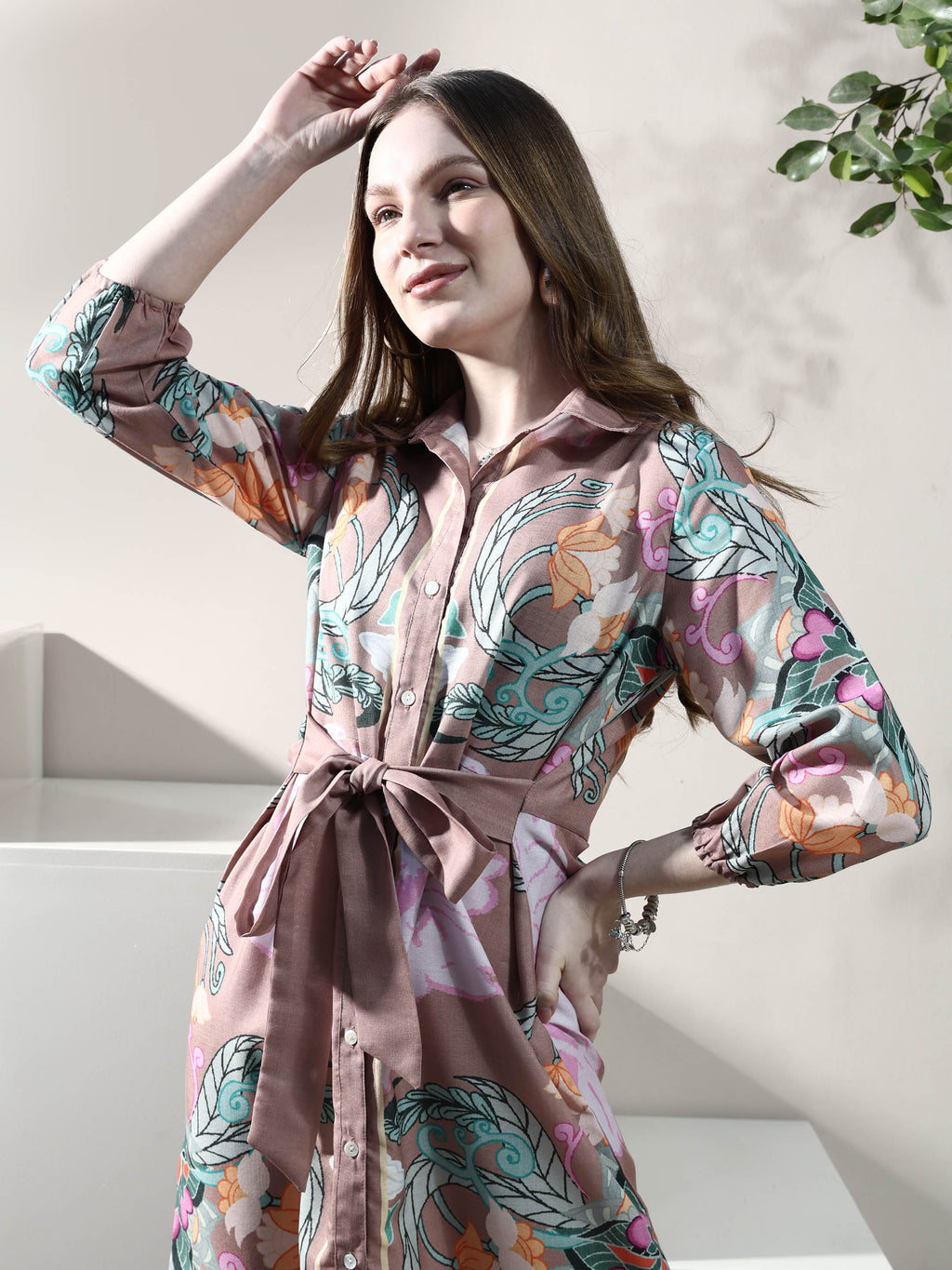Boho By Athena Floral Print Linen Shirt Midi Dress