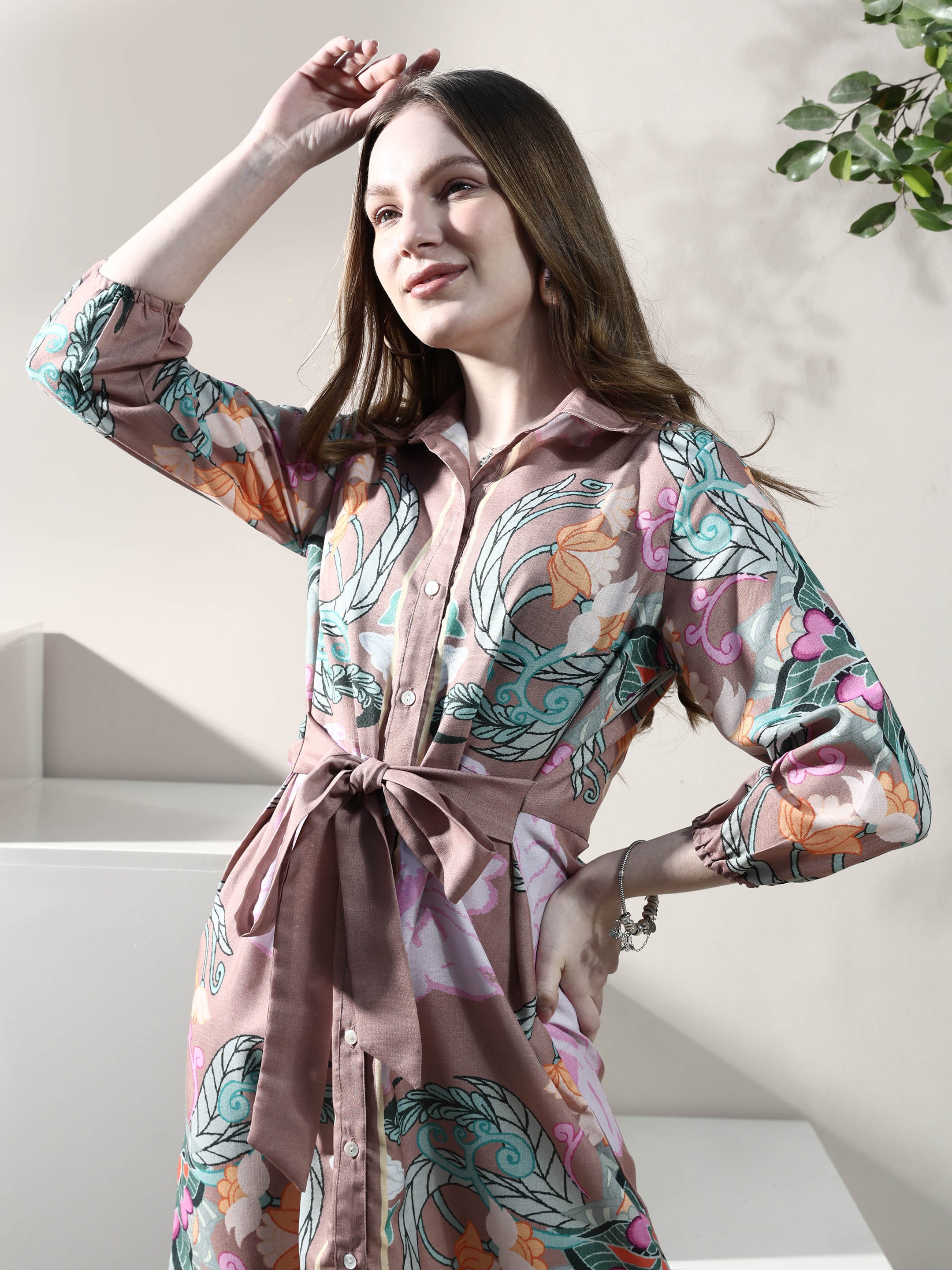 Boho By Athena Floral Print Linen Shirt Midi Dress