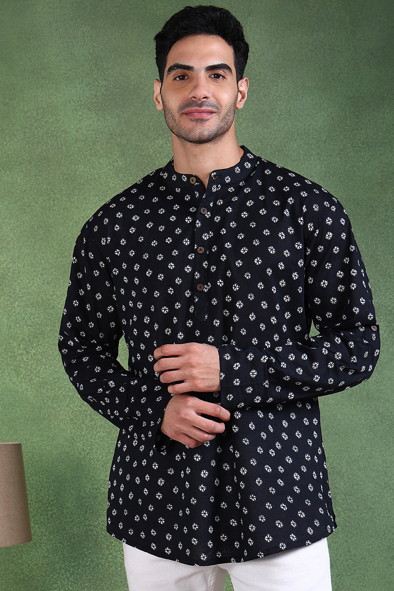 Ethnic Bay Black Cotton Bandhani Printed Straight Short Kurta For Men - Black