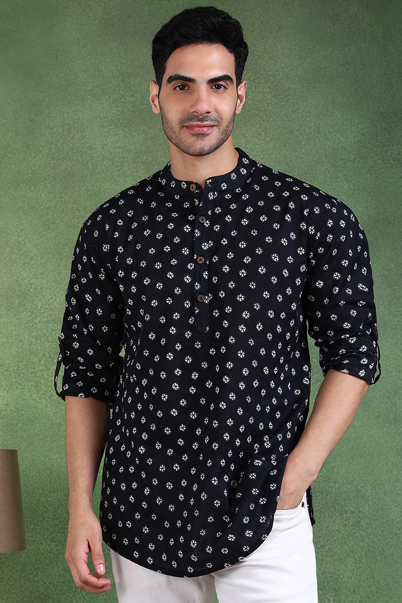 Ethnic Bay Black Cotton Bandhani Printed Straight Short Kurta For Men - Black