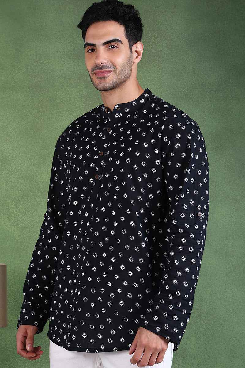Ethnic Bay Black Cotton Bandhani Printed Straight Short Kurta For Men - Black