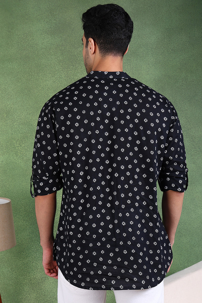 Ethnic Bay Black Cotton Bandhani Printed Straight Short Kurta For Men - Black