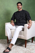 Ethnic Bay Black Cotton Bandhani Printed Straight Short Kurta For Men - Black